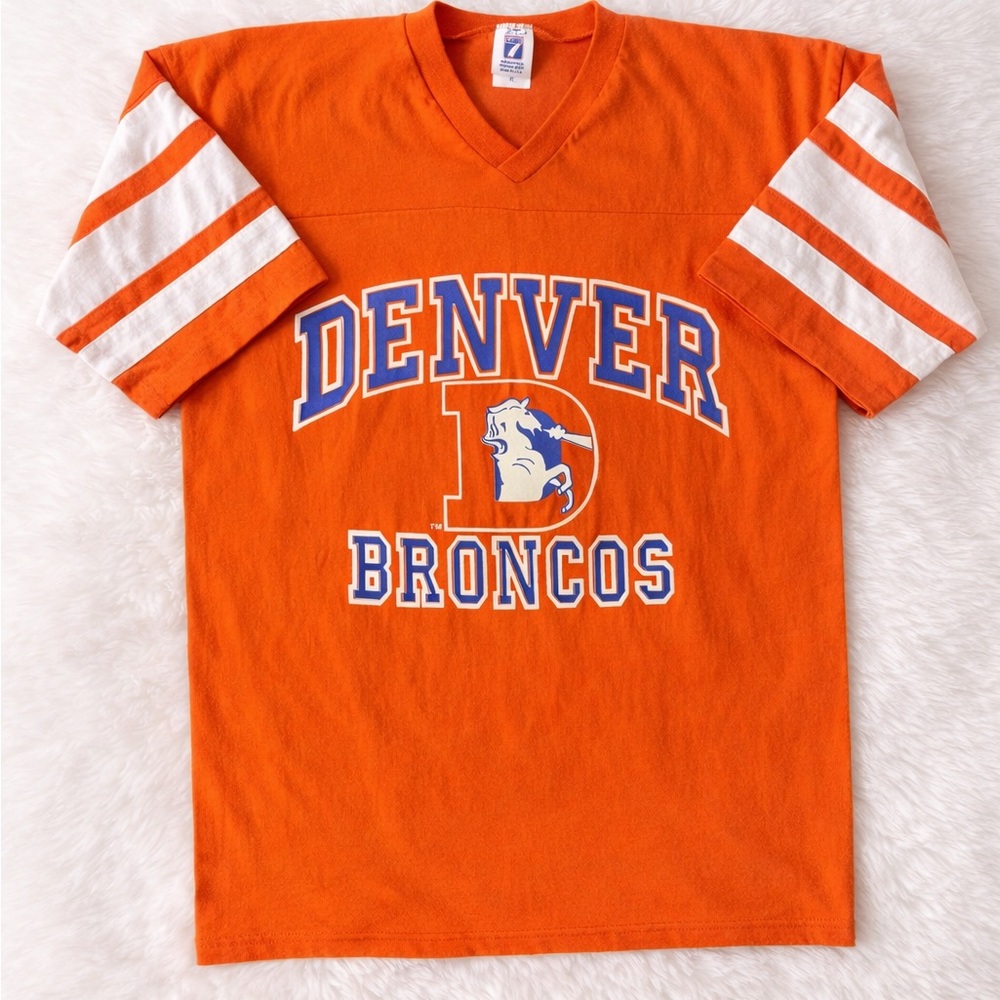 XL Vintage Denver Broncos V Neck Shirt Single Stitch Sleeves Orange XL 80s 90s